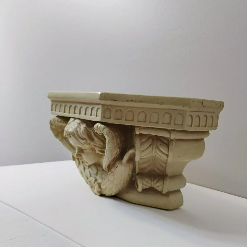 Vintage Cherub Wall Shelf, Antique Style Resin Angel Plaque Decor Cream Accent